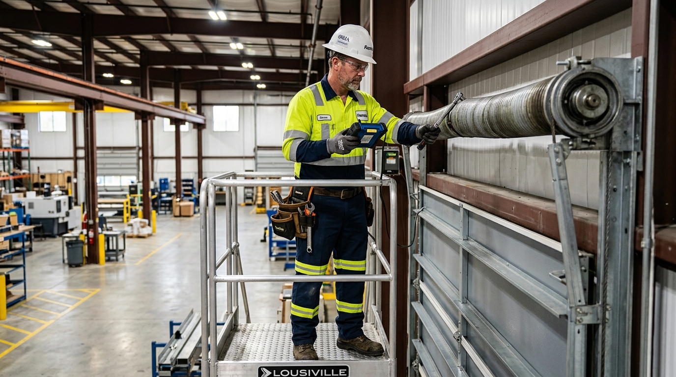Tecnico qualificato durante la manutenzione di portoni industriali sezionali